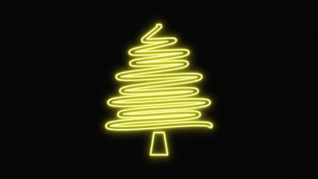 Neon Christmas tree animation, glowing yellow light scribble on black background, festive holiday motion graphic for seasonal marketing