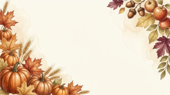 Watercolor painting of a corner frame with pumpkins, maple leaves, wheat stalks, acorns, and red apples on a light beige textured background