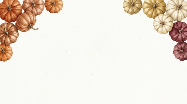 Watercolor of a corner border with orange, white, and dark red pumpkins on a plain white background, with copy space, for text