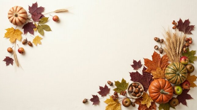 Autumn harvest corner border with pumpkins, apples, wheat stalks, acorns, and colorful fallen leaves on a light beige background surface