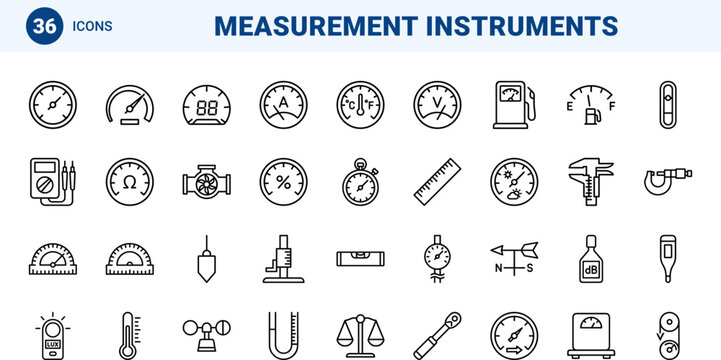 Measurement gauges line icon set. Vector pictograms of speedometer, odometer, pressure meter, and dashboard dial elements, thin linear illustration.