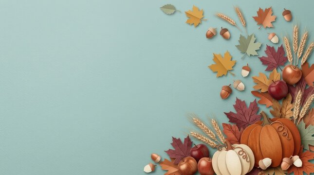 Autumn harvest corner border with pumpkins, apples, wheat stalks, acorns, and colorful fallen leaves on a soft sage green background surface