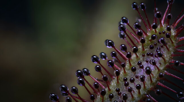Drosera sundew carnivorous plant leaf featuring sticky glistening purple dew droplets