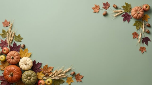 Autumn composition with pumpkins, apples, wheat stalks, and colorful fallen leaves arranged on a soft sage green background surface