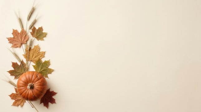 Single orange pumpkin with wheat stalks and colorful autumn maple leaves arranged on the left side of a light beige background surface