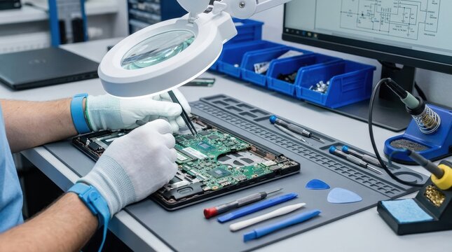 generic laptop opened for careful maintenance Technician repairing electronic circuit board with magnifying glass and tools