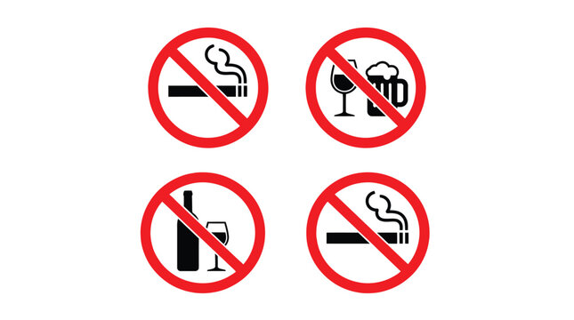 Prohibition signs depicting no smoking and no alcohol flat vector icons