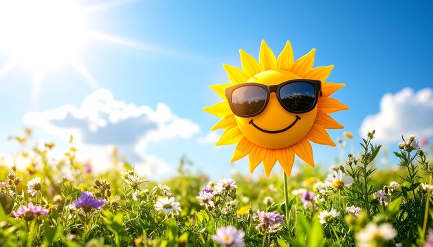 Smiling flower wearing sunglasses in a sunny summer field