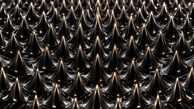 Ferrofluid Rosensweig surface, regular cone spike array with fine pointed tip and glossy valley. Scientific texture background in black with directional metallic highlight. Magnetic pattern resource f