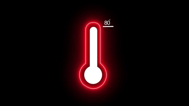 Neon glowing thermometer indicating temperature at 80 degrees celsius digital animation isolated on black background, for weather forecasts, climate change concepts, and data analysis