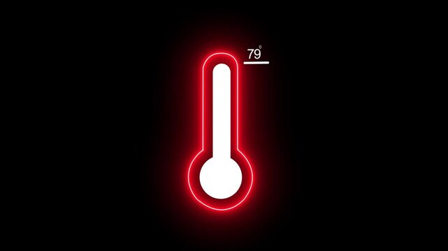 Dynamic neon thermometer animation with digital temperature display showing 79 degrees fahrenheit, glowing red outline for weather forecast, climate monitoring, and science projects