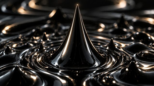 Ferrofluid spike macro, tall needle-like magnetic cone with reflective highlight and circular meniscus. Premium scientific texture background in deep black and warm silver tone. Magnetic surface patte