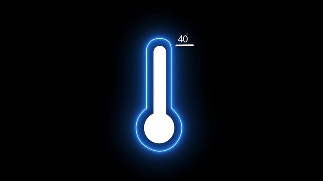 Minimalist neon thermometer animation featuring a glowing blue outline and precise forty degree celsius temperature indicator for weather forecasting, climate monitoring, and scientific data
