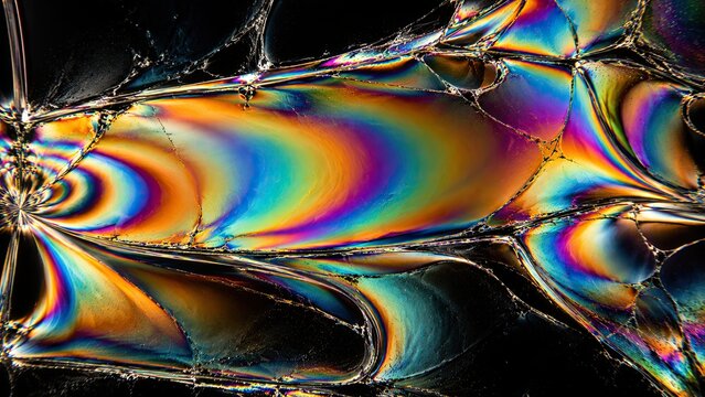 Tempered glass birefringence, stretched polarized stress band and curved spectral concentration on black. High-contrast optical texture background in cyan orange magenta and gold. Scientific pattern f