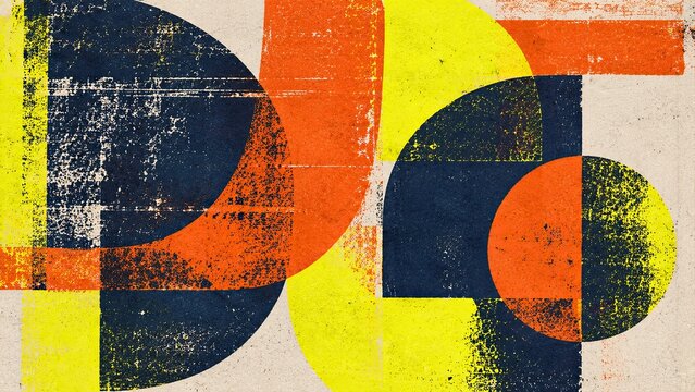 Screen print abstract, three misregistered ink layer with geometric arc and block. Artisan print texture background in deep navy burnt orange and fluorescent yellow. Graphic pattern resource for edito
