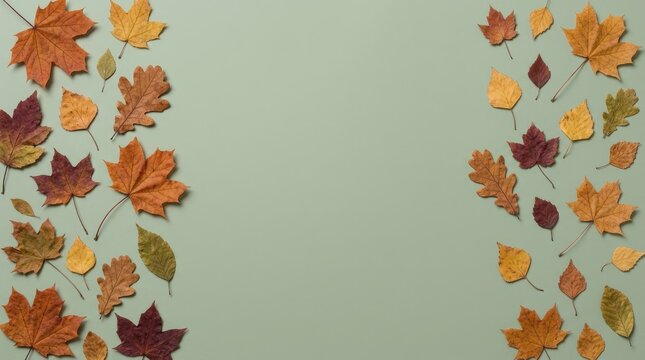 Flat lay composition of various colorful autumn leaves arranged on the sides of a light sage green background, with copy space, in the center