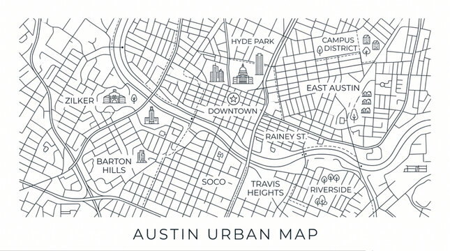 Austin Texas Neighborhood Map Line Art Vector