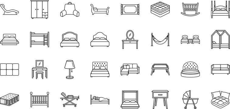 Beds and bedroom furniture line icon set. Vector pictograms of sleeping, mattresses, frames, and headboards elements, thin linear illustration.