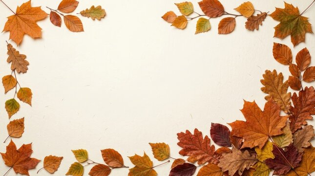 Decorative frame of dried autumn leaves in orange, yellow, and brown shades arranged on a light beige background, for seasonal celebrations