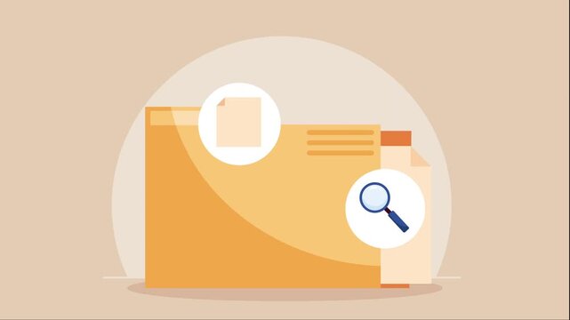 Animated file folder icon with documents and magnifying glass for data management and digital search concept.