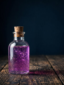 glass vial with purple magic potion and golden sparkles inside stands on an old wooden table against a dark background before the halloween holiday