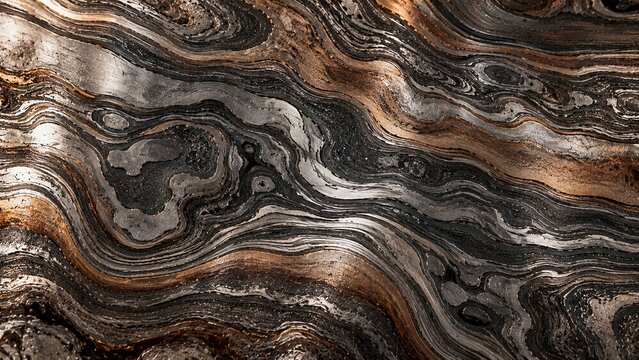 Damascus steel surface, flowing forge-welded layer and nested wood-grain contour. Polished industrial texture background in warm steel and bronze tone. Metallurgical pattern resource for luxury brandi