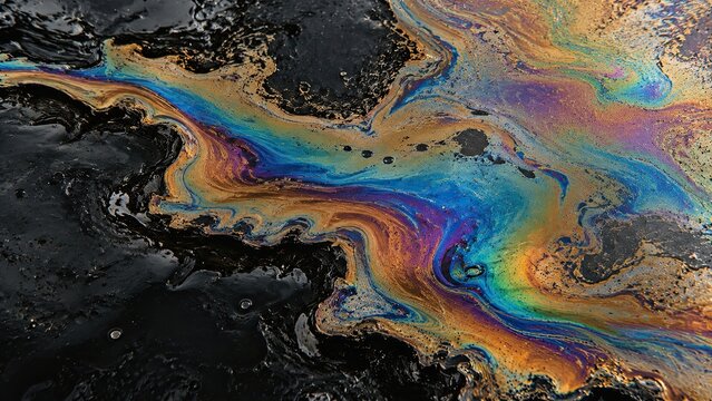 Oil slick on dark water, iridescent thin film and organic spectral edge. Premium optical texture background in flowing rainbow interference color. Experimental surface design for editorial graphics an