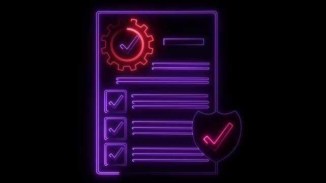 Glowing neon digital checklist document with animated gear and shield representing assurance, cybersecurity compliance, business process optimization, and verified task management systems