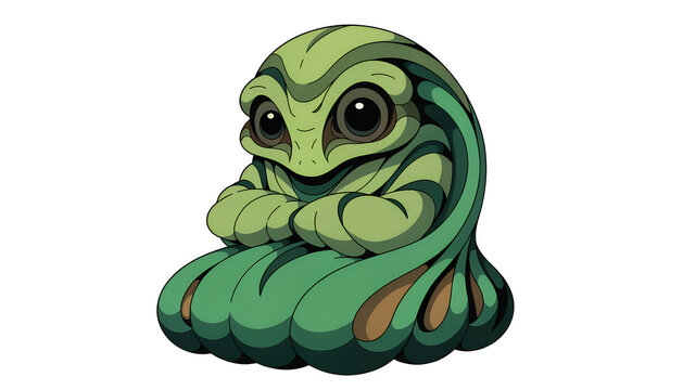 Cute green alien creature illustration, small fantasy monster character on white background.