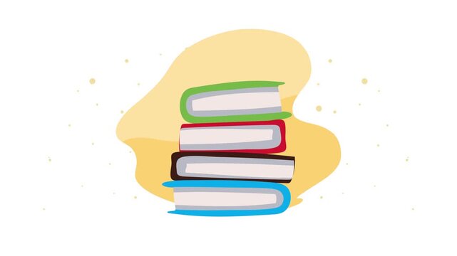 Educational stack of colorful books animation with floating particles on yellow background backdrop for literacy projects.