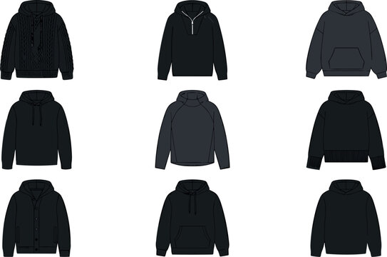 Black Hoodie and Sweatshirt Mockup Vector Set with Blank Streetwear Hoodies, Zip Up Sweaters, and Pullover Tech Pack Fashion Flat Sketch Designs