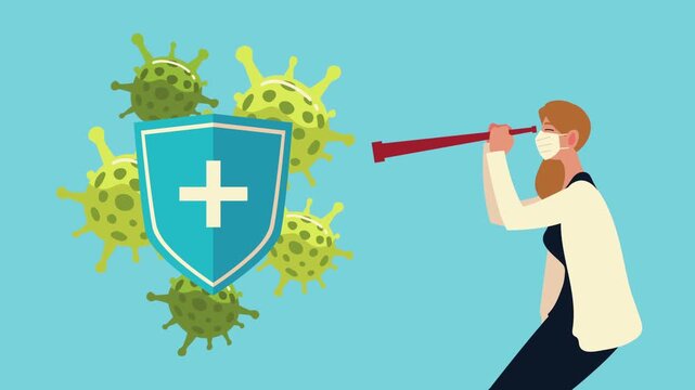 Doctor with mask and telescope observes coronavirus particles protected by shield.