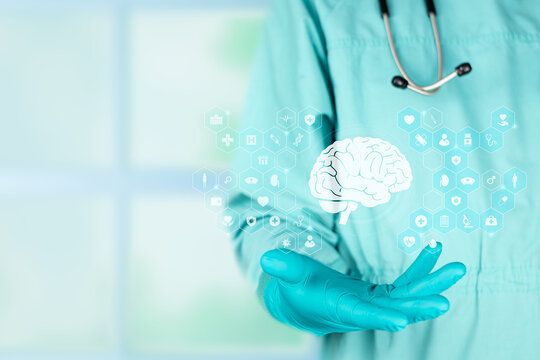 The concept of modernity in digital medicine and neurology, focusing on mental degeneration. The professional presents the silhouette of a brain against an emerald green background.