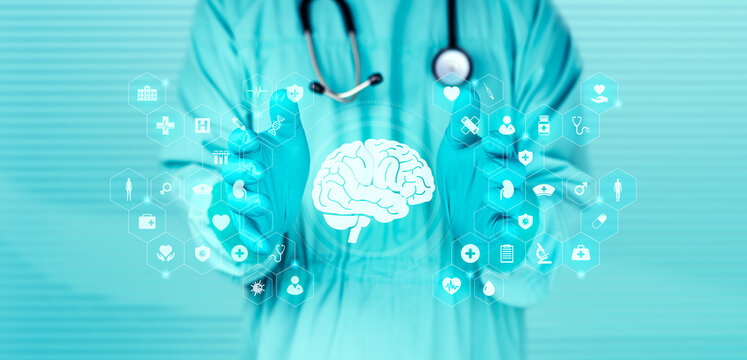 Technology applied to neurology for the diagnosis of neurodegenerative diseases and memory loss. The doctor observes the brain icon, which stands out against a bokeh background.