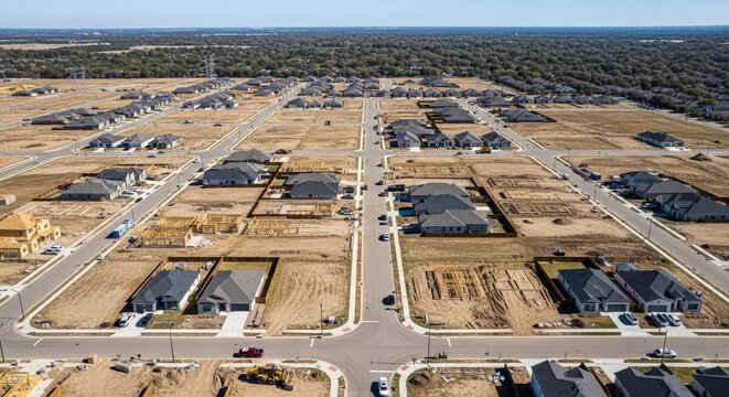 An aerial photograph shows a new suburban housing development under construction. The development consists of rows of identical houses with unfinished exteriors and partially constructed landscaping.