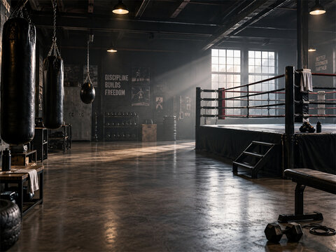 Empty boxing gym with professional ring heavy punching bags dark flooring and dramatic window light creating a focused training atmosphere for combat sports fitness practice and conditioning