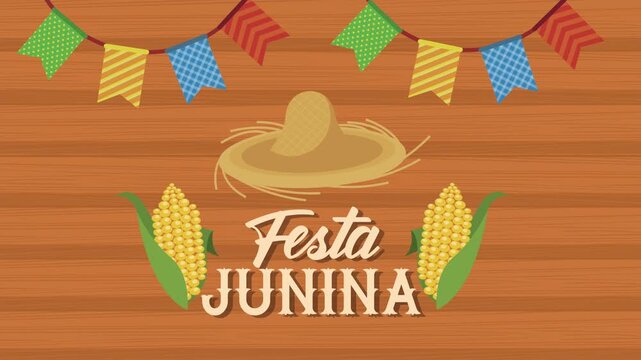 Festa junina motion graphic with colorful garlands, festive straw hat, and delicious corn cobs on wooden background.