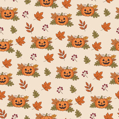 Obraz premium Halloween Pumpkin and Autumn Leaves Seamless Pattern with Fall Foliage and Berries, Festive Seasonal Background for Halloween Crafts, Fabric and Gift Wrapping