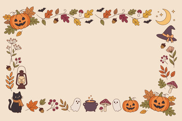 Fototapeta premium Halloween Floral Frame with Pumpkins, Leaves, Bats and Witch Hat, Autumn Botanical Border for Seasonal Greeting Cards, Invitations and Festive Decorations