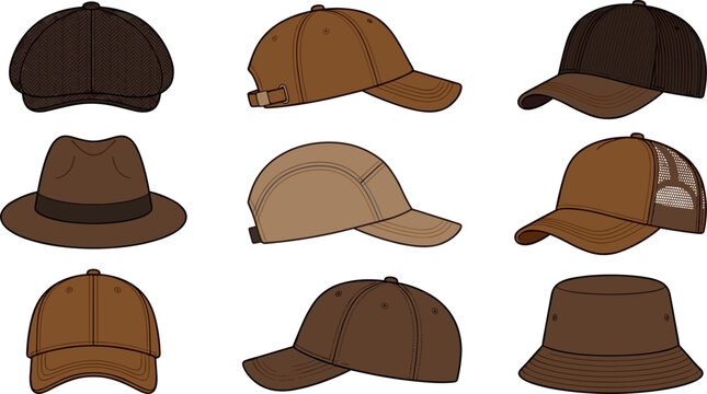 Brown Men Hat and Cap Vector Set featuring Classic Baseball Caps, Trucker Mesh Hats, Retro Bucket Hats, Newsboy Caps, and Fedora Headwear Fashion Flat Sketch Designs
