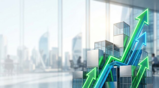 A modern skyscraper building with a green and blue arrow graphic rising upwards. The arrow is superimposed on the building, symbolizing growth and upward trajectory.
