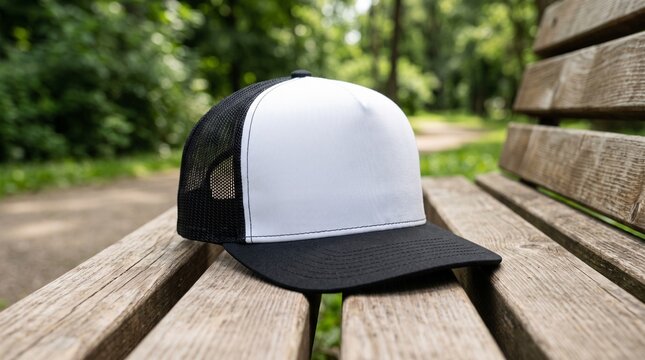Unadorned trucker cap with blank front panel resting on a sturdy wooden bench in a vibrant outdoor park