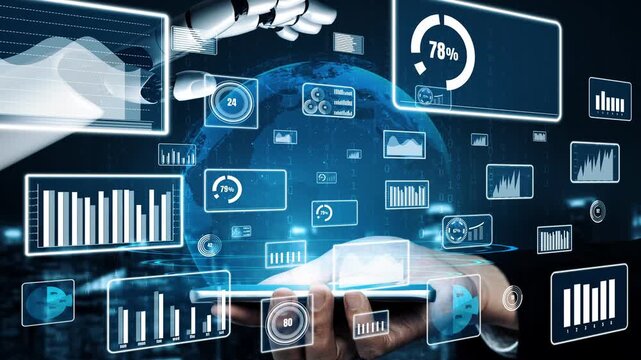 A futuristic representation showcasing a robotic hand interacting with digital data and graphs, highlighting the intersection of technology, innovation, and data analysis. Xenic