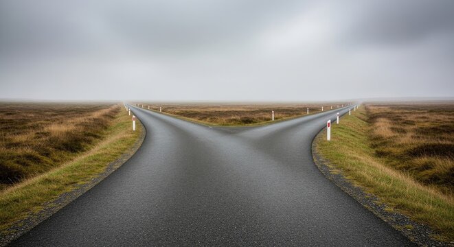 A dark asphalt road splits into two diverging paths, flanked by white posts and bordered by a grassy, low-lying landscape.