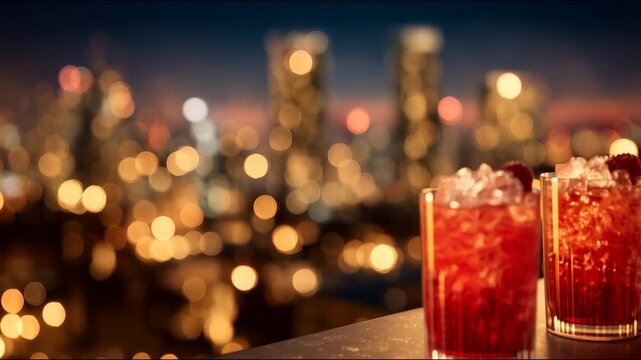 Cocktails garnished with raspberries and served in crystal glasses are beautifully displayed on a rooftop bar table, set against a backdrop of city lights at night. Video made using Generative AI.
