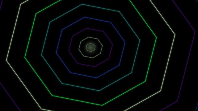 Glowing neon octagons form a tunnel receding into the dark background with concentric colored lines.