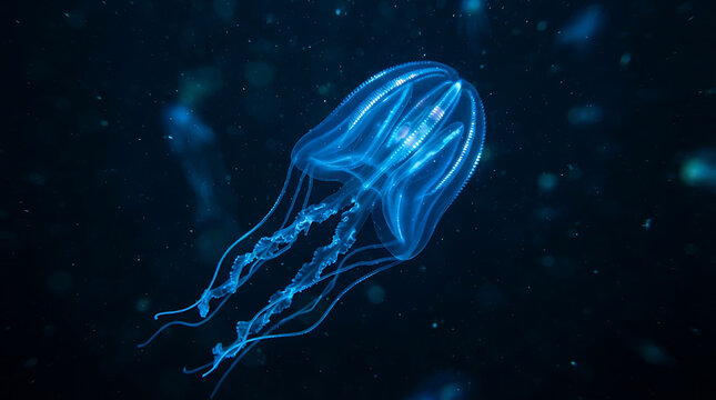Bioluminescent jellyfish glowing in deep ocean water