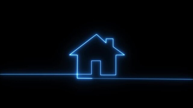 Dynamic blue neon line drawing of house forms and appears on black background, symbolizing home and real estate concepts with modern motion graphics.