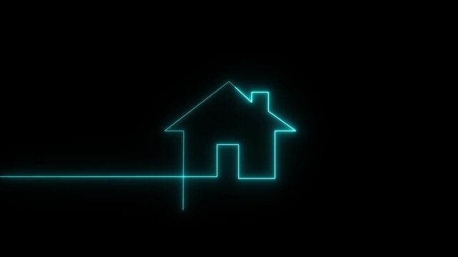 Neon blue light line drawing animated house icon on black background seamless loop continuous glowing stroke forming suburban residential property symbol for minimalist design.