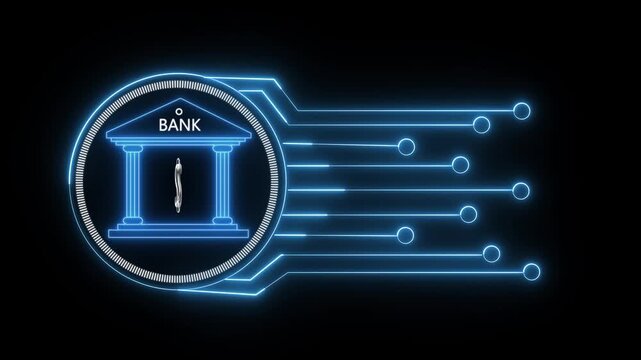 Digital banking icon animation with neon blue lines and dollar symbol in glowing circle over black background depicting online finance technology secure monetary transaction.